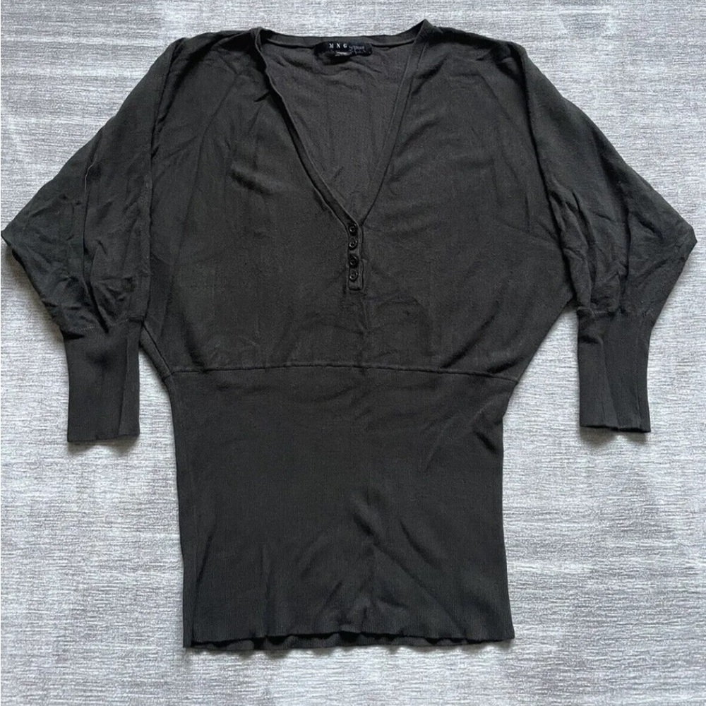 MNG by MANGO Women's Green 3/4 Sleeve V-Neck Sweater Top- Medium